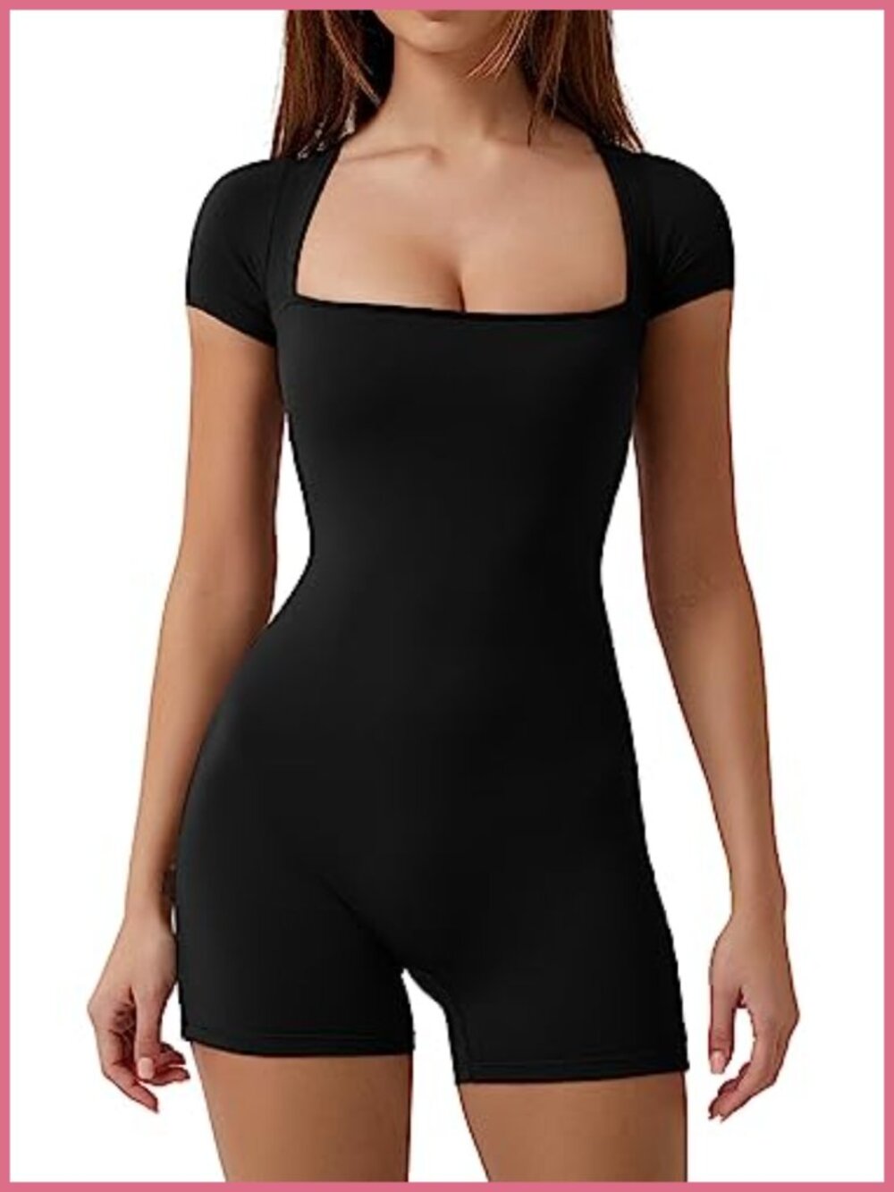 Square Neck Short Sleeve Bodycon Romper Stretch Unitard Jumpsuit